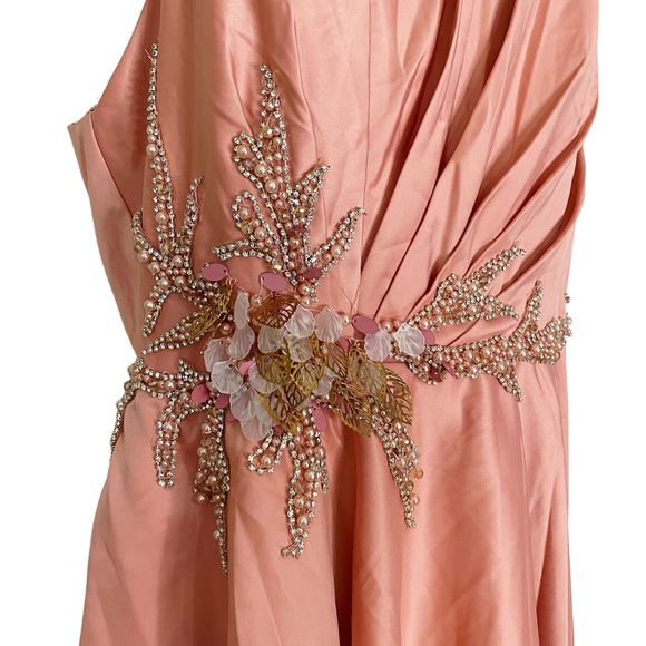 Mac Duggal Peach Pink Embellished Beaded Satin One-Shoulder Gown Prom Dress - Picture 4 of 7